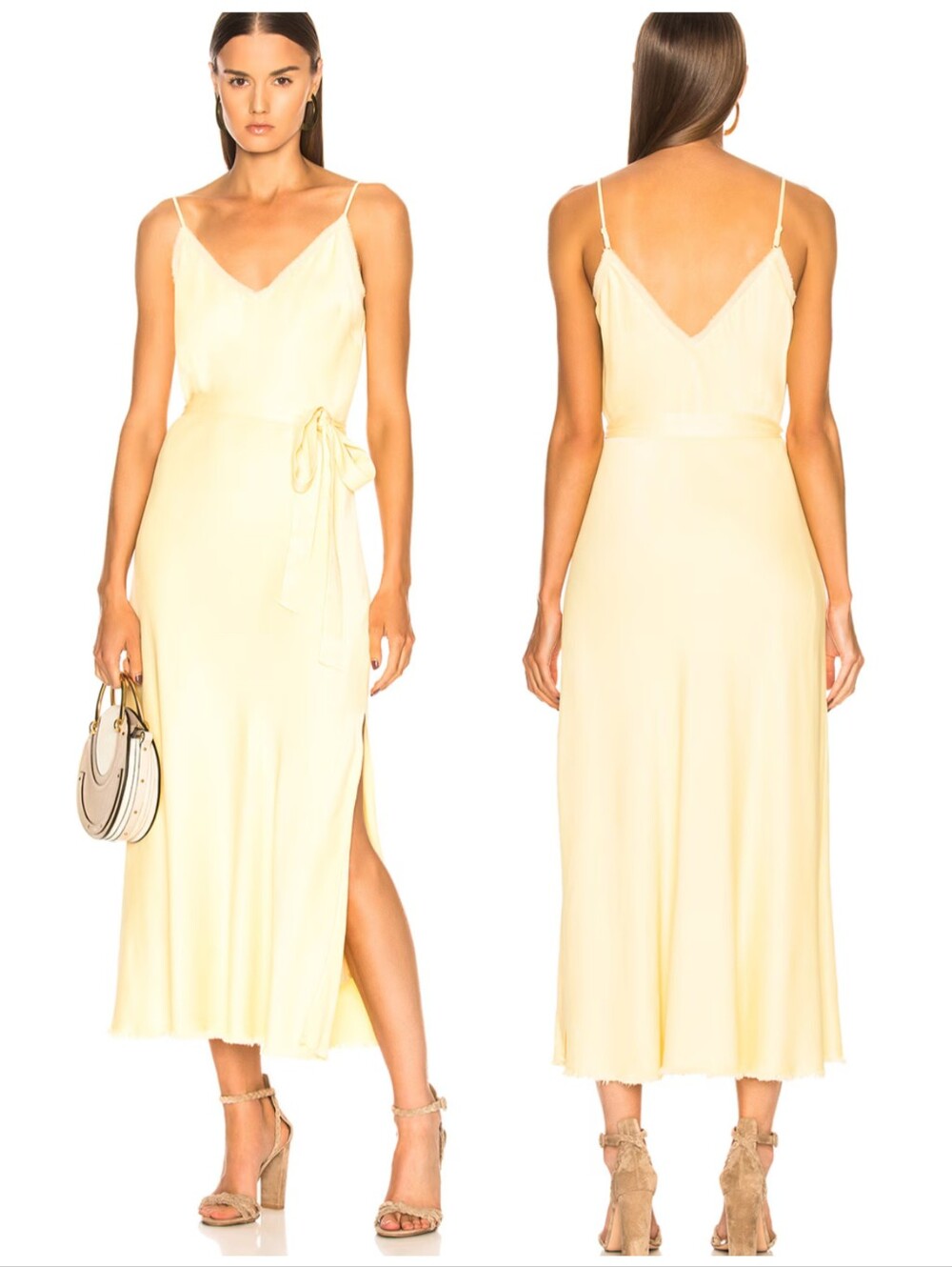 FRAME Golden Haze Yellow Satin Slip Dress Belted V-Neck Lace Trim Size M